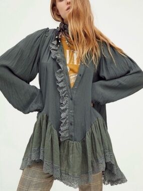 Free People Jeanette Ruffled Crinkle Gauze Lace Tunic Green Size L Boho